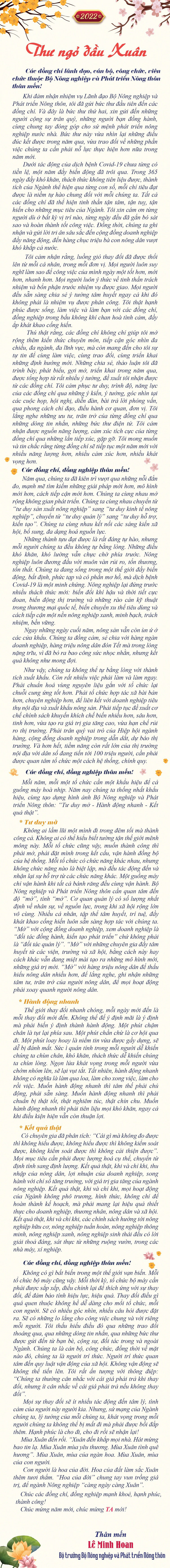 Thư ngỏ đầu Xuân của Bộ trưởng Bộ Nông nghiệp và Phát triển nông thôn Lê Minh Hoan